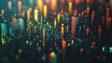 Abstract business team stands on the peak of success amid tall, innovative Smart city and graphs with statistics to analyze business potential and predict future developments in company growth.