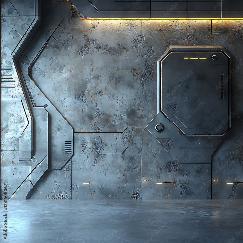 Poster futuristic wall design with metallic texture and glowing accents, ideal for sci fi settings or moder