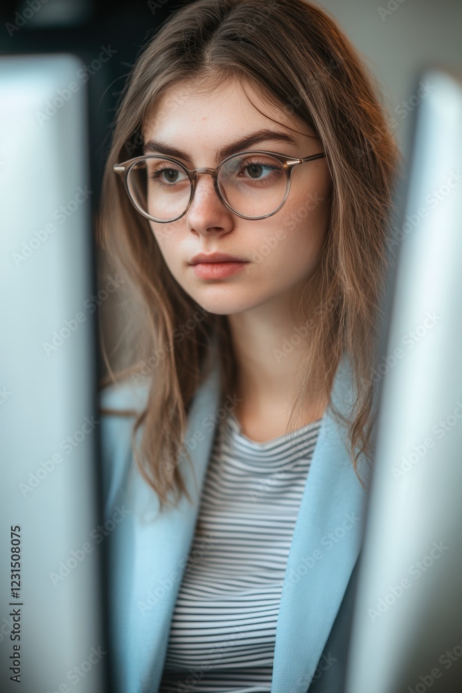 Poster woman working on computer in modern office, focusing on screen with financial data analysis, creatin