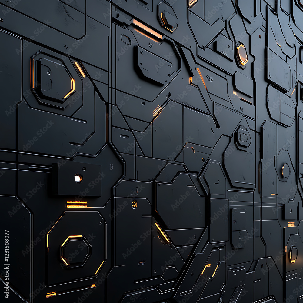 Poster futuristic black wall with geometric patterns and glowing accents, creating hyper realistic and mode