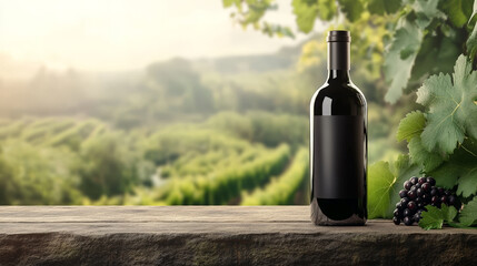 Fototapeta premium A bottle of red wine sits on a wooden table, overlooking a vineyard bathed in sunlight.