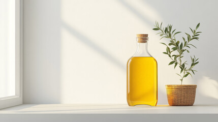 Obraz premium Bottle of golden olive oil and a small olive plant on a windowsill, bathed in sunlight. Minimalist, healthy lifestyle concept.