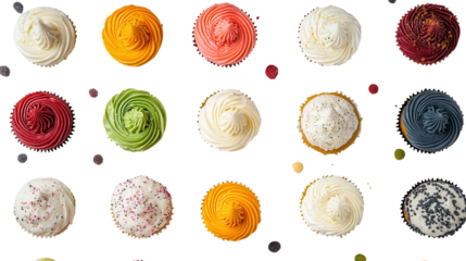Variety of colorful cupcakes arranged neatly on a white surface showcasing different flavors and frosting styles at a bakery display
