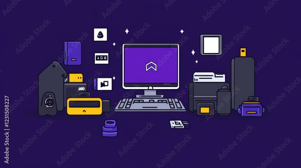 Poster a stylized illustration of a desktop computer and peripherals, representing digital workflow