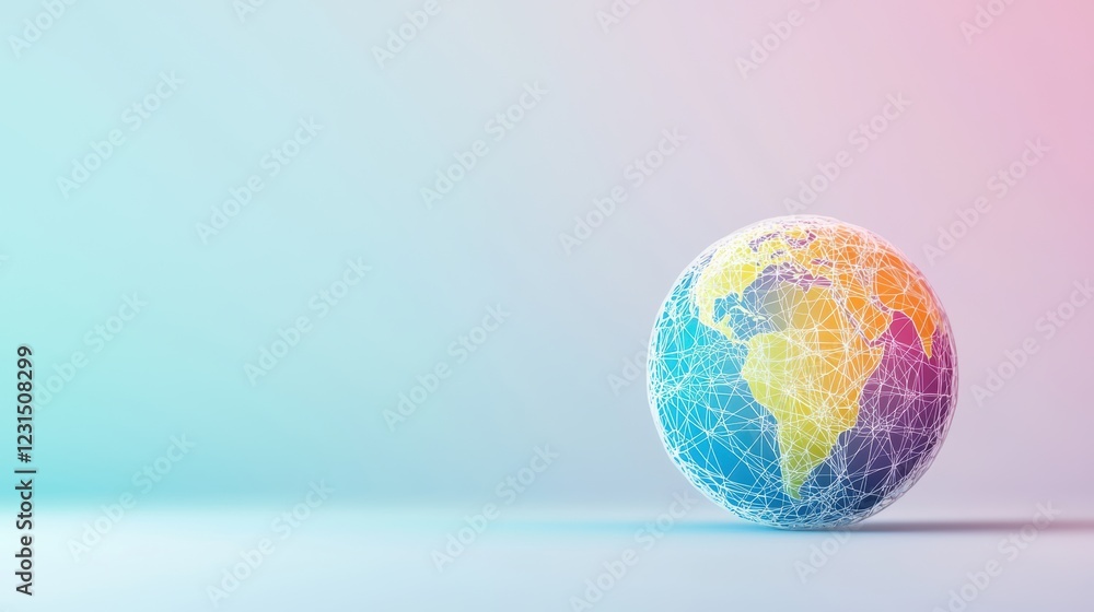 Poster globe minimalist wireframe colourful wireframe globe with each continent in a different color, repre