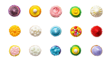 Colorful selection of decorated cupcakes displayed on a white background in various designs and flavors