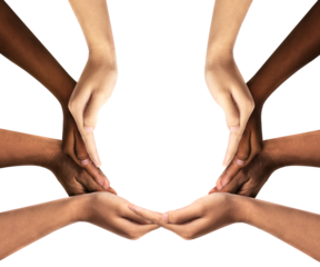 Conceptual symbol of multiracial human hands of a group people connected together as a supportive symbol that represents a sense of teamwork and togetherness. Symbol and shape created from hands.