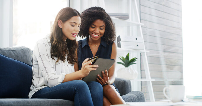 Tablet, home and couple of friends with credit card for online shopping, banking and discount. Debit, technology and women together in living room for payment, ecommerce order or financial purchase