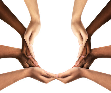 Conceptual symbol of multiracial human hands of a group people connected together as a supportive symbol that represents a sense of teamwork and togetherness. Symbol and shape created from hands.