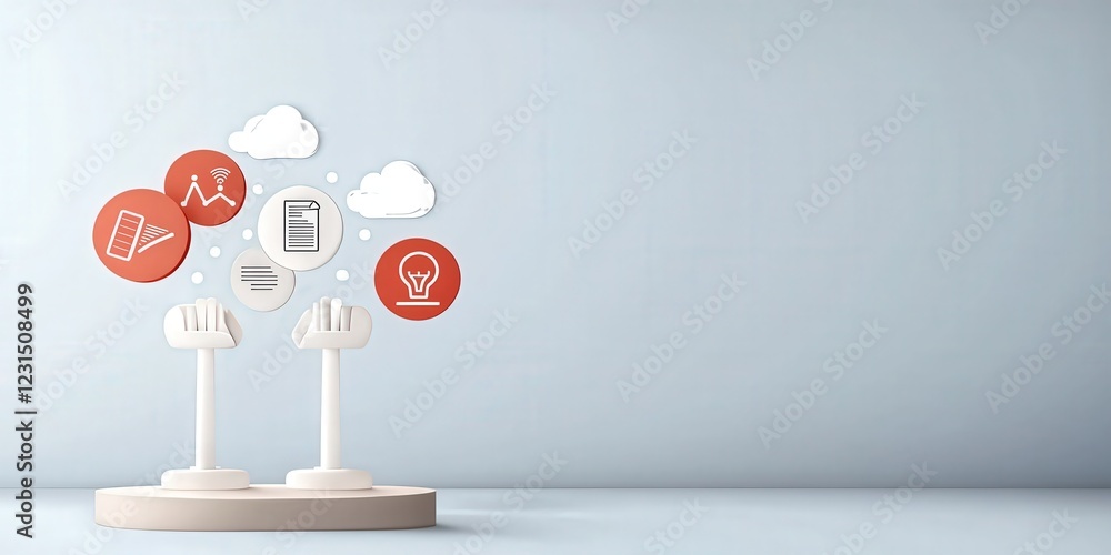 Poster law transformation concept. visual representation of ideas with icons and symbols on a stand.