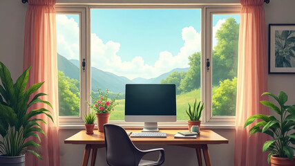 Cozy home office with  wonderful   by sight  from the window   and a place to copy 