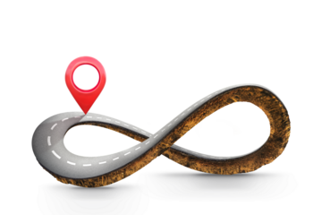 Infinity symbol road in adventure routeor insurance concept. Location pin icon on earth land with asphalt driveway isolated on background. 3d of infinity road or never ending road design advertisement