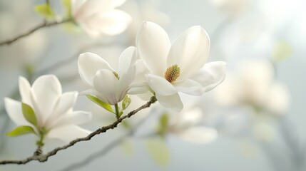 Obraz premium A close-up view of elegant white magnolia flowers blooming on a slender branch against a soft, blurred background.