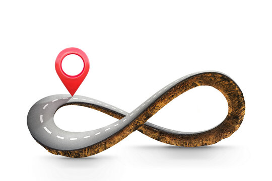 Infinity symbol road in adventure routeor insurance concept. Location pin icon on earth land with asphalt driveway isolated on background. 3d of infinity road or never ending road design advertisement