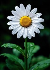 Obraz premium A close-up of a daisy with white petals and a yellow center, adorned with raindrops, set against a lush green background.
