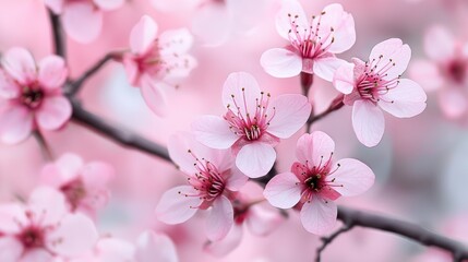 Obraz premium A close-up of delicate pink cherry blossoms, showcasing their intricate petals and soft background, embodying the beauty of spring.