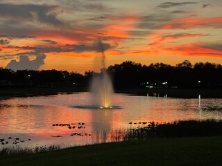 fountain at sunset