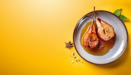 Fresh healthy baked pears with syrup on yellow background