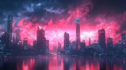 Fototapeta premium Big city skyline illuminated by a dazzling New Year fireworks show, vibrant and celebratory atmosphere 