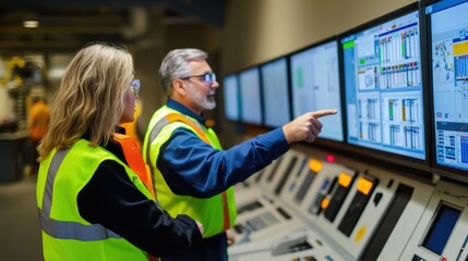 Control room operators analyzing data on large screens, discussing operational efficiency and safety in an industrial environment. Teamwork, technology, and workflow management.