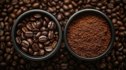 Fototapeta premium Two bowls contain coffee beans and ground coffee, surrounded by a bed of dark coffee beans.