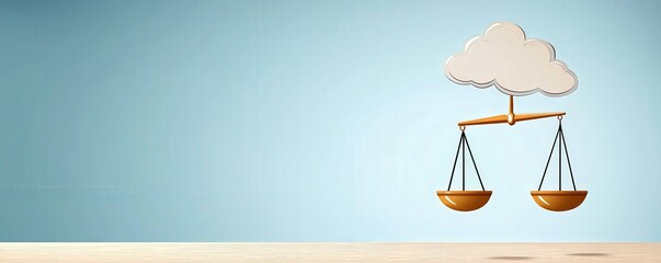 Law transformation concept. A cloud balances scales against a blue sky, symbolizing justice and balance.