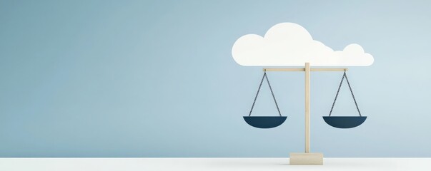 Law transformation concept. Abstract scales balanced on a cloud against a light blue background.