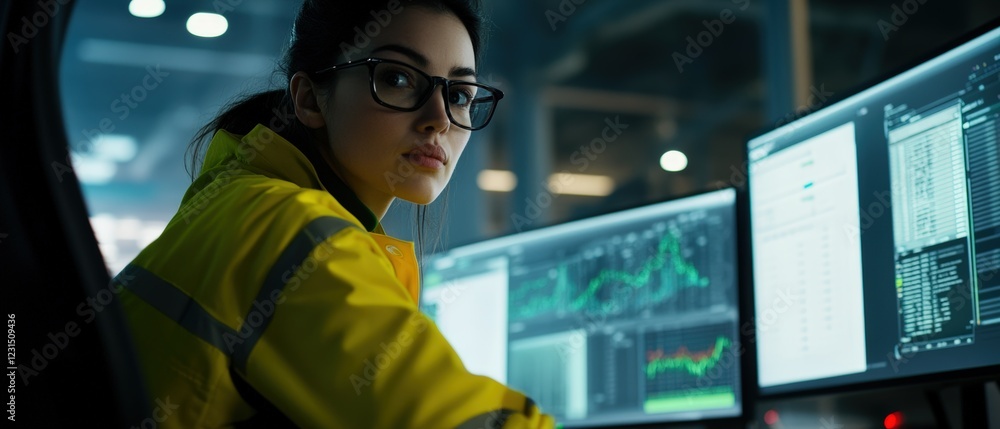 Poster data analyst monitoring financial markets with multiple screens, using technology for stock trading 