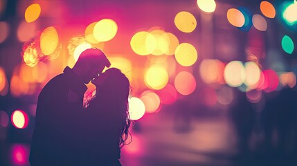 Couple kissing, city night, bokeh lights, romance