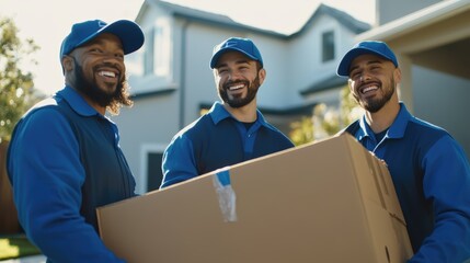 Delivery team smiling while carrying a large cardboard box at a residential property. Movers, logistics services, and home relocation support in action.