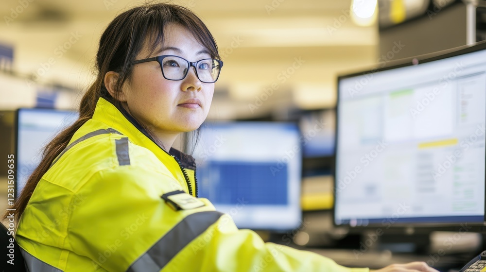 Poster engineer at computer working in control room, analyzing data for operations management in industrial