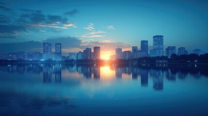Cityscape sunrise lake reflection, urban dawn