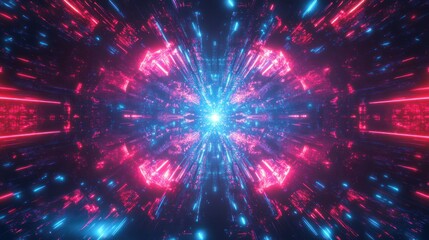Fototapeta premium Neon tunnel, vibrant lights, digital, space, background, abstract, futuristic, energy, motion, design