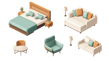 Modern furniture collection featuring a bed, sofa, chairs, and tables in a stylish layout