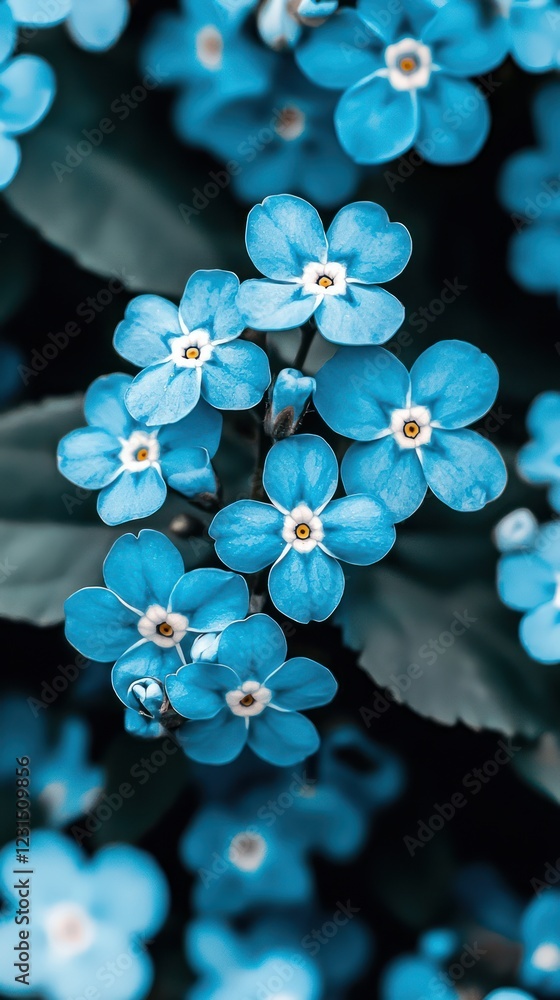 Poster a close-up of vibrant blue flowers with delicate petals and a hint of greenery in the background, cr