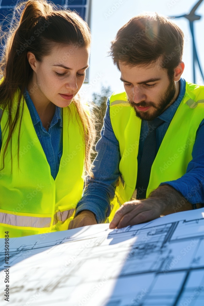 Poster engineers studying blueprints on a construction site while wearing safety vests, discussing project 