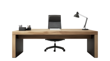 Modern workspace design featuring wooden desk, black office chair, and stylish lamp with organized stationery
