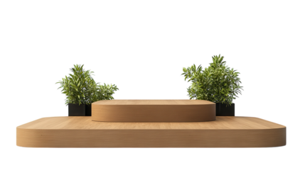 Wooden display platform with plants for an elegant interior setup in a minimalistic space