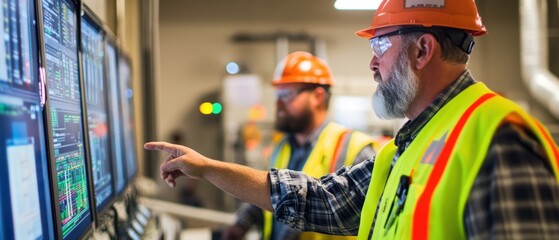 Engineers monitoring control panels in industrial plant, discussing data analytics and safety protocols, ensuring efficient operations in manufacturing environment.