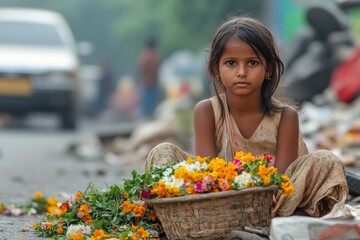 Little girl from India selling flowers on the street, sitting on the ground with a basket of flowers, around a car and a dirty city streets. Concept: Child labor, Exploitation and Oppression, illegal 