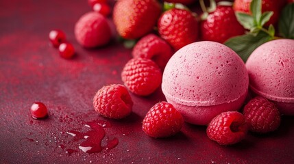 Pink Bath bombs on the table with fresh raspberries and strawberries nearby, red background with copy space. Concept: beauty eco product, skincare, advertising photo, spa and relax, aromatherapy