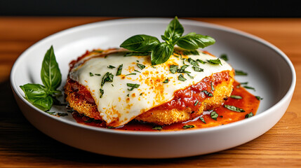 Chicken parmesan with crispy breading, melted cheese, marinara sauce, and basil, served on a white plate with soft natural light
