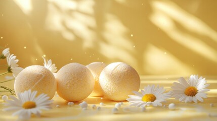Yellow Bath bombs next to daisy flowers on yellow background with sunlight on back, copy space for text. Concept: beauty product, advertising photo, skincare, spa and relax, aromatherapy
