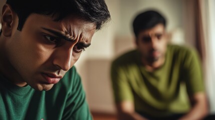 Obraz premium Men in deep conversation conveying emotions, discussing personal struggles and mental health challenges, reflecting feelings of anxiety and concern in a dimly lit room.