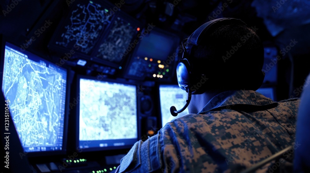 Poster military personnel operating advanced technology in cockpit with multiple screens, monitoring flight