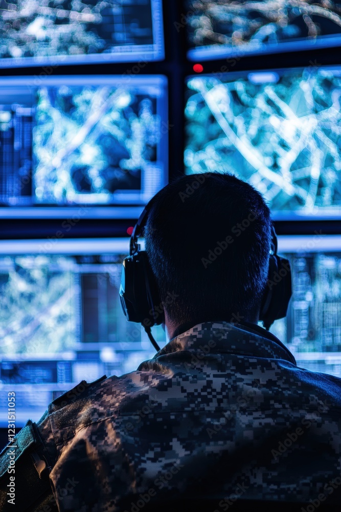 Poster military personnel using high-tech monitors in a command center for surveillance and analysis, equip