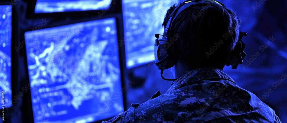 Poster military personnel using advanced technology in command center, analyzing data on multiple screens f