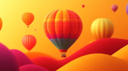 Vibrant Hot Air Balloons Soaring Over Colorful, Rolling Hills at Sunset