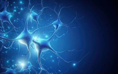 Blue neuron network, microscopic view, science background, medical illustration