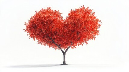 heart-shaped tree, symbolic romance, hand-drawn fine pen illustration, lush red foliage, isolated on white background